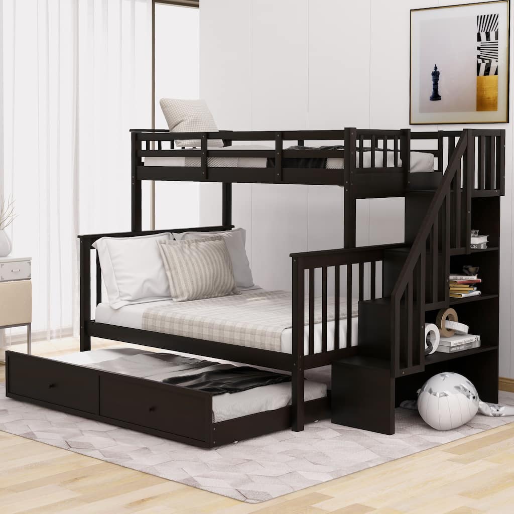 Twin-Over-Full Bunk Bed with Trundle, Storage, and Guard Rail for Bedroom or Dorm