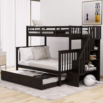 Twin-over-Full Pine Bunk Bed with Trundle and Storage Stairs