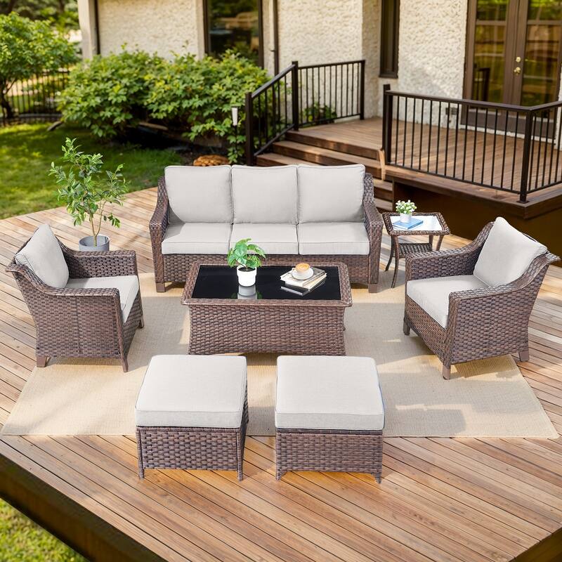 Outdoor Sofa Seating Chair with Ottoman and Table - Beige - Brown