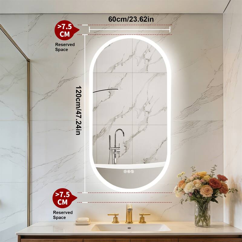 Oblong Bluetooth Led Lighted Bathroom Makeup Mirror Tempered Glass Backlit Vanity Mirror