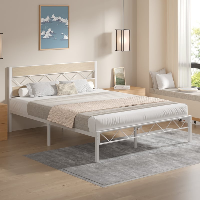 VECELO Vintage Metal Platform Bed Frame with Wood Headboard, Storage Bed, Noise-Free, No Box Spring Needed, Twin/Full/Queen Size