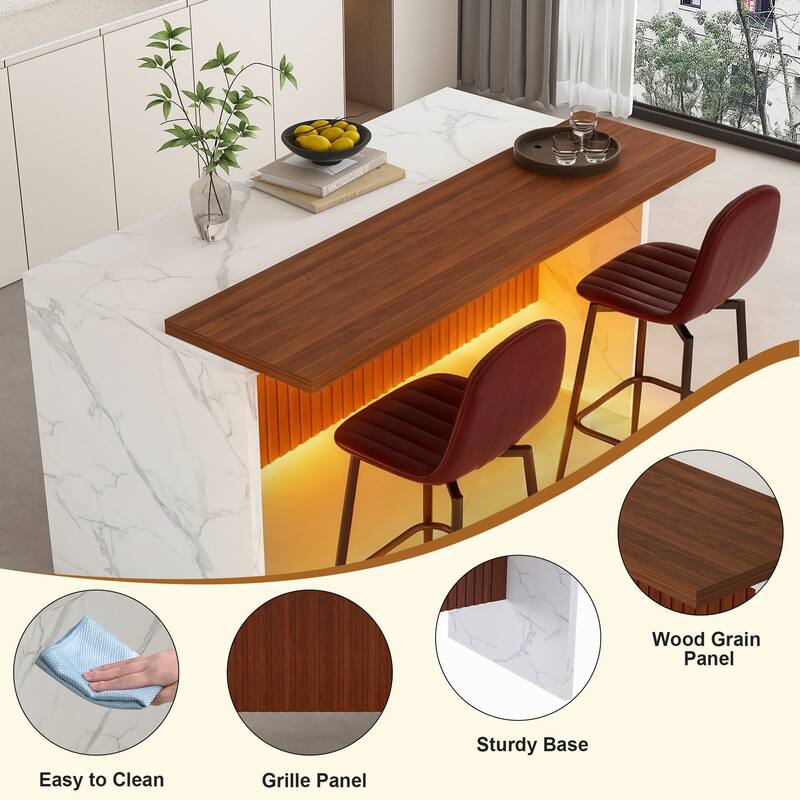 63" Kitchen Island with Marble Look Surface, LED Lights & Grille Design