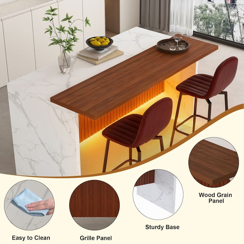 63" Modern Kitchen Island with Marble-Look Surface, LED Lights & Grille Design for Dining Room, Living Room