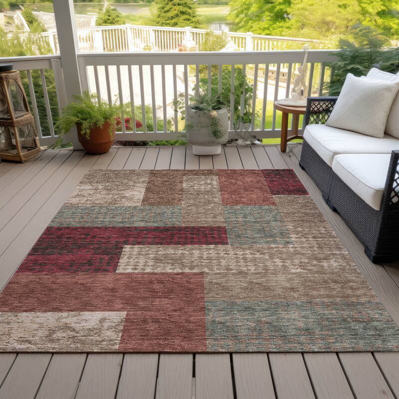 Machine Washable Indoor/ Outdoor Modern Blocks Chantille Rug - Mocha - 3' x 5'