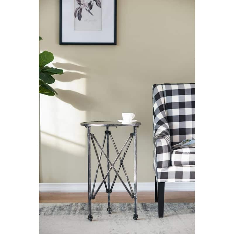 Round Side Table With Glass Top and Wheels - 26.5" - Antique Silver