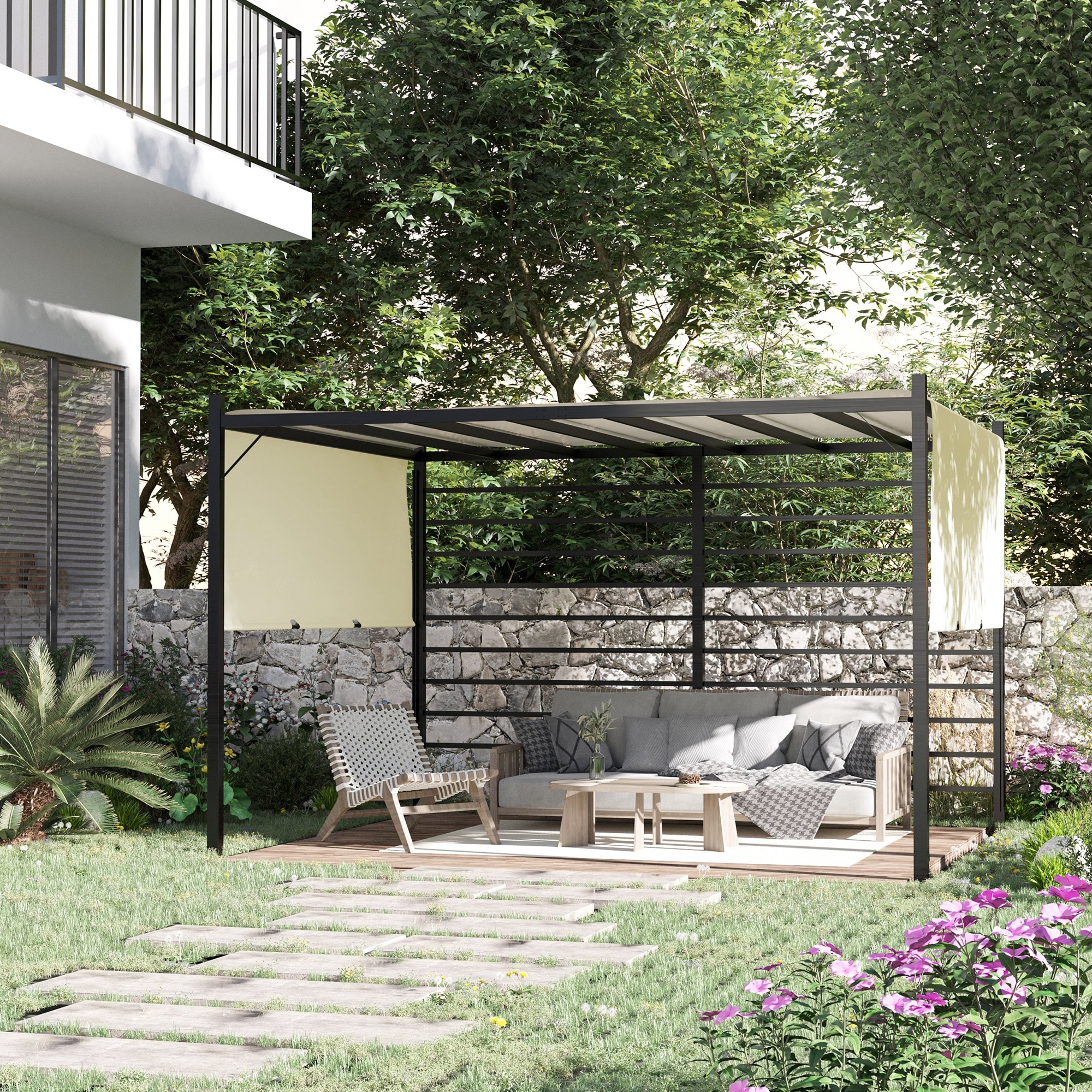 12'x10'x8' Outdoor Pergola Steel Gazebo Structure with Retractable Canopy Shades 