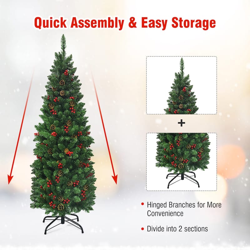 Gymax 4.5Ft Pre-Lit Pencil Christmas Tree Hinged Artificial Slim Tree - See Details