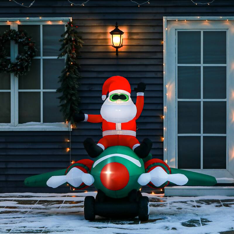 HOMCOM 5 ft. Santa Inflatable Flying A Plane, Outdoor Christmas Decoration, Santa Decoration - Polyester - White, Black, Red, Green