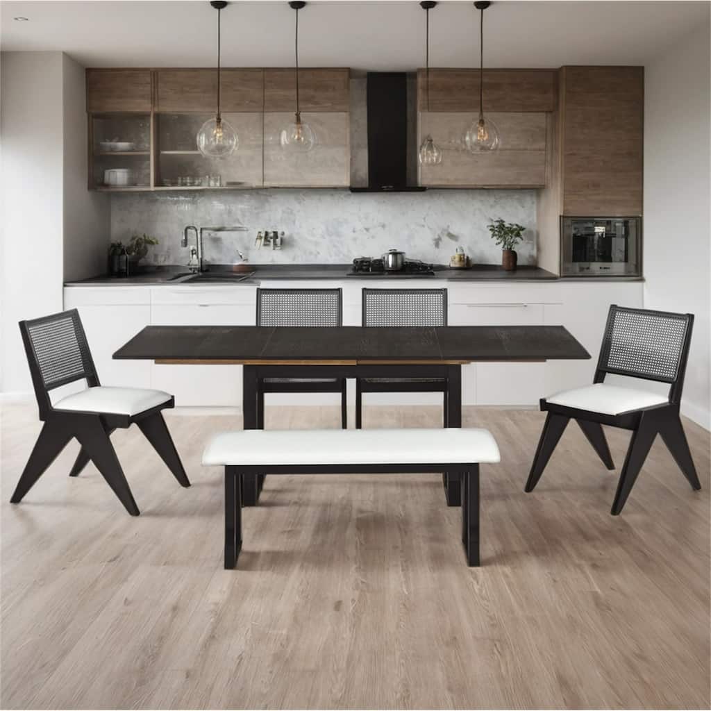 6 Piece Extendable Dining Table Set w/ 4 Upholstered Dining Chairs and Bench