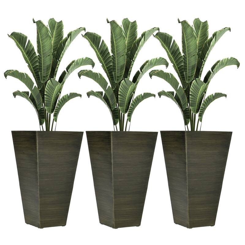28" Tall Outdoor Planters, Set of 3 Large Taper Planters with Drainage Holes and Plug, Faux Wood Plastic Flower Pots
