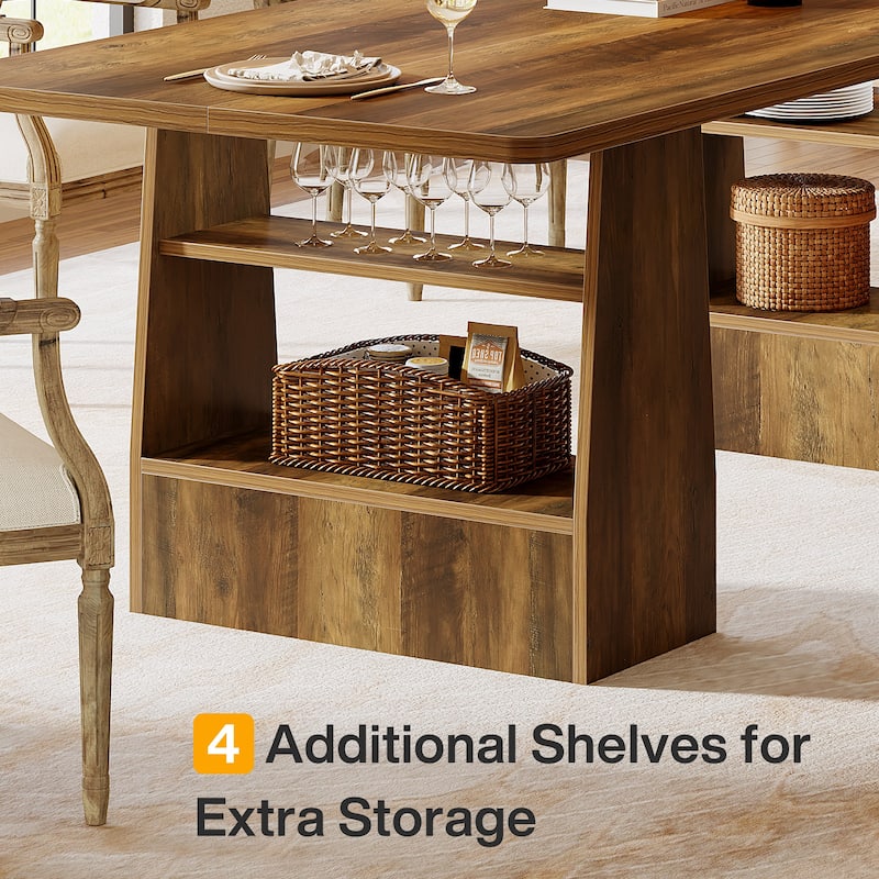 63” Dining Table for 6-8, with Storage Shelf for Living Room, Brown - N/A