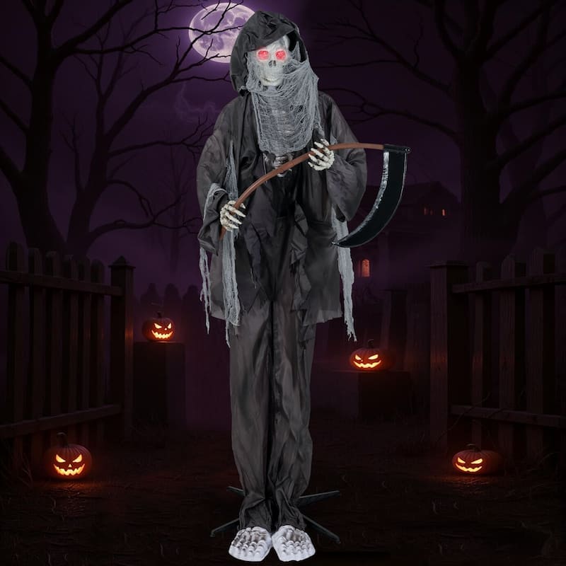 Black Metal Fabric Animated Grim Reaper Halloween Decoration 8.5ft