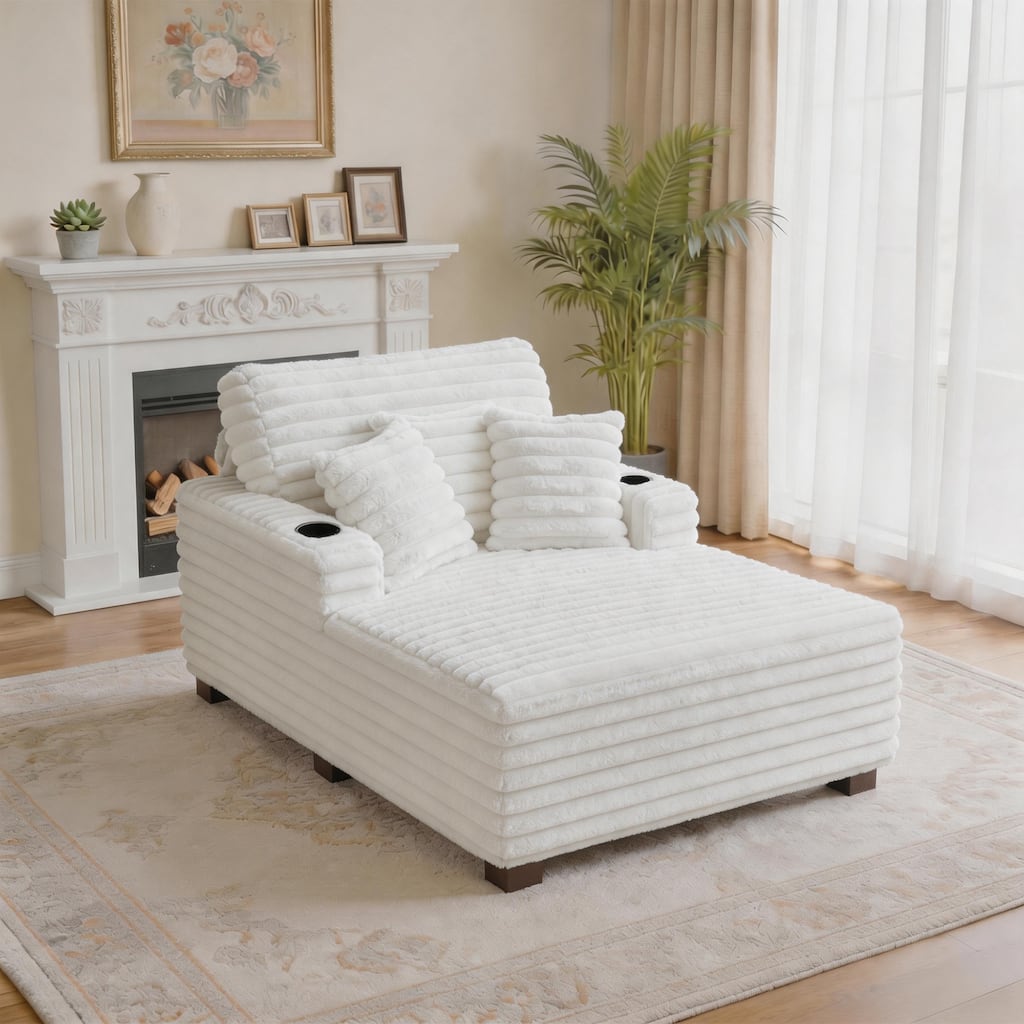 Indoor 53" Oversized Plush Chaise Lounge with Pillows and Cup Holder