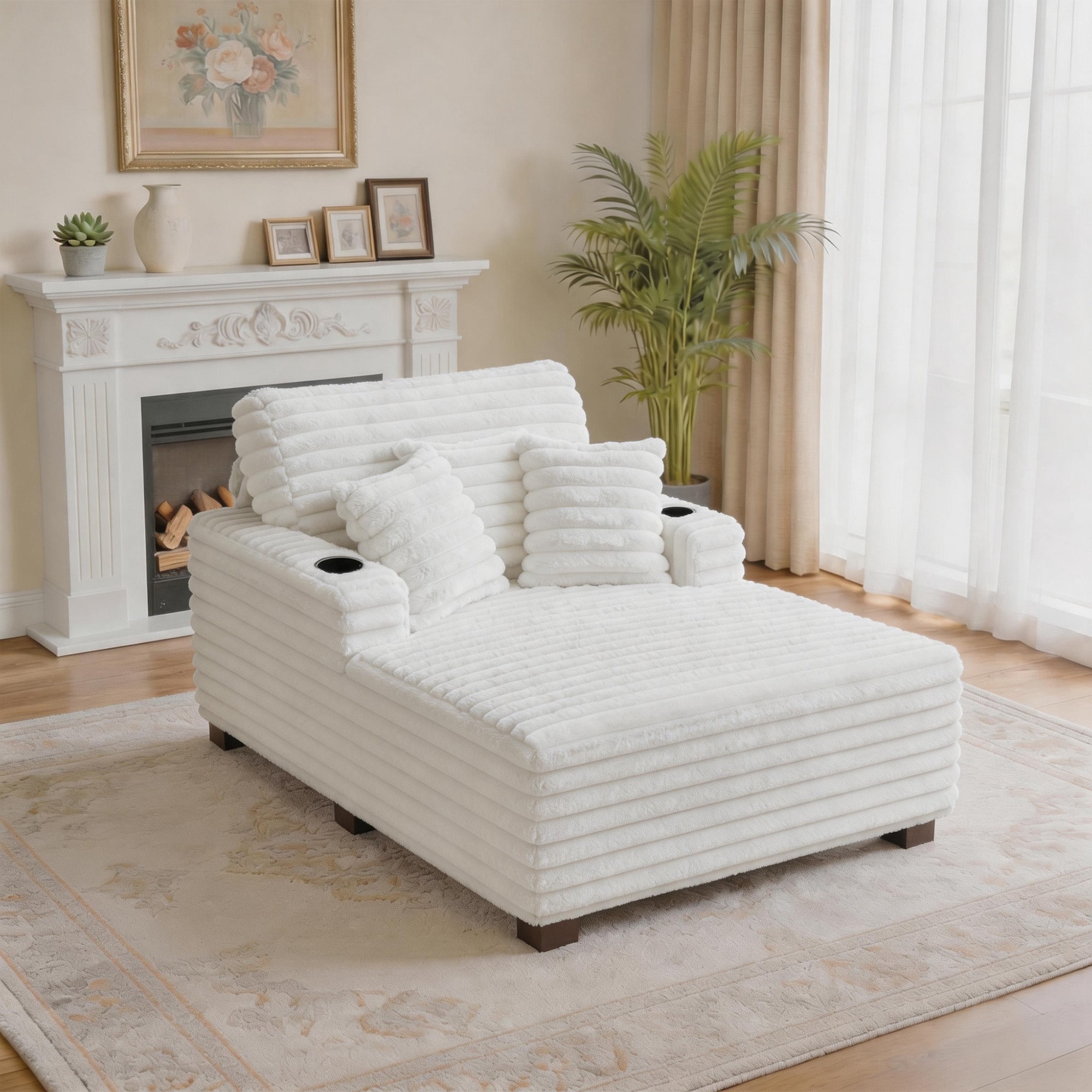 Indoor 53" W Oversized Plush Chaise Lounge with Pillows and Cup Holder