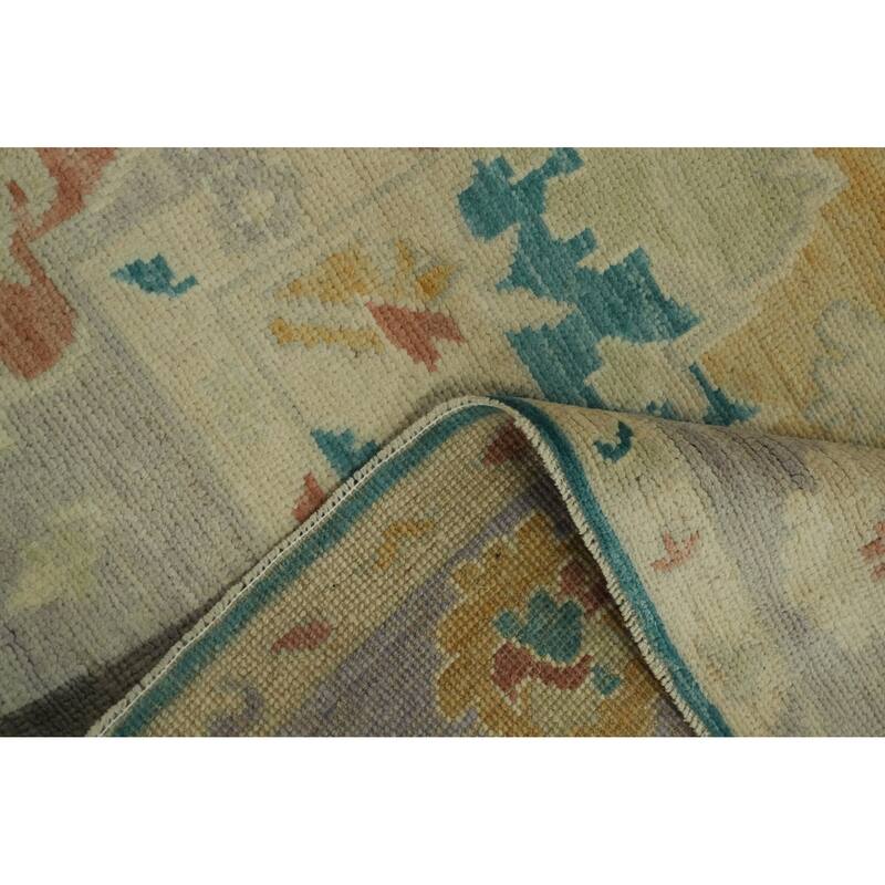 Vegetable Dye Wool Oushak Turkish Area Rug, Floral Geometric Carpet - 12' 10'' X 6' 11''