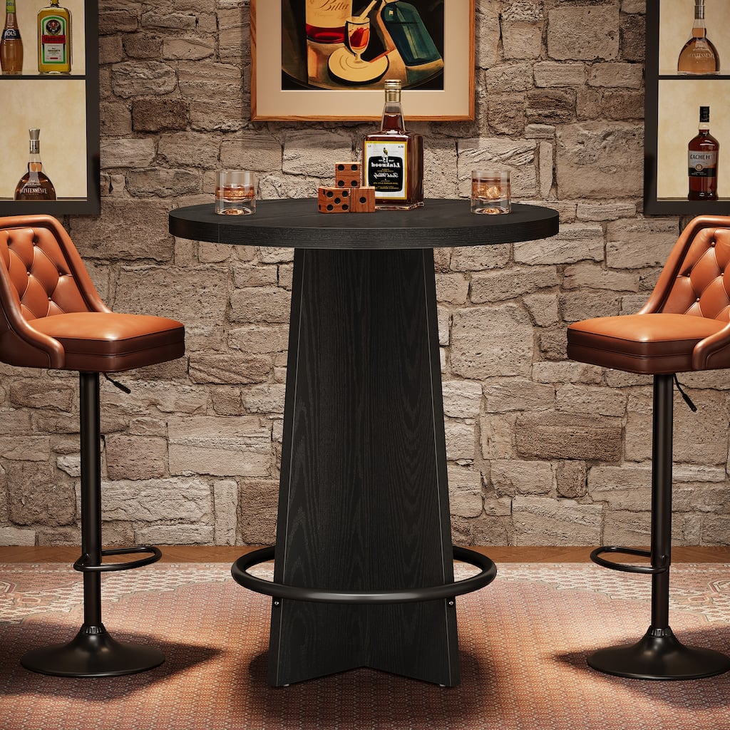 Round Home Bar Unit Wood Bistro Pub Table with Pedestal for Kitchen
