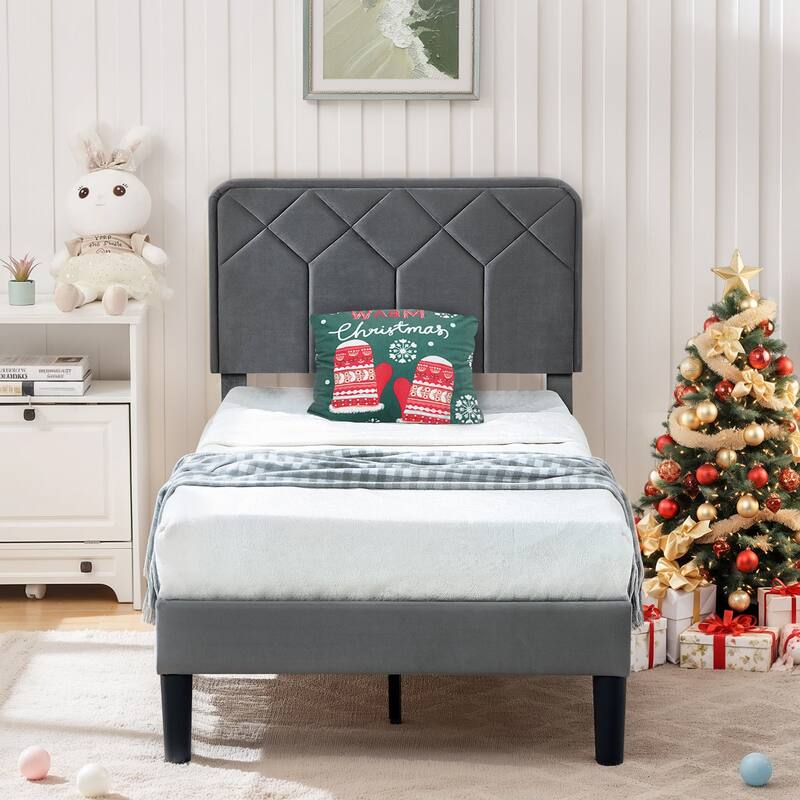 2 Pack Twin Size Kids Bed Frame Height Adjustable Diamond Pattern Upholstered Headboard Bed Twin Size Bed Set of 2