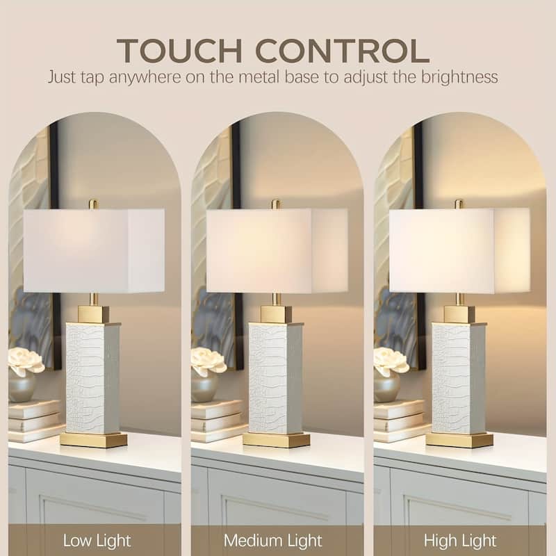 Touch Control Table Lamps Set Of 2, Modern White Faux Leather Snakeskin Bedside Lamp With USB C+A Ports