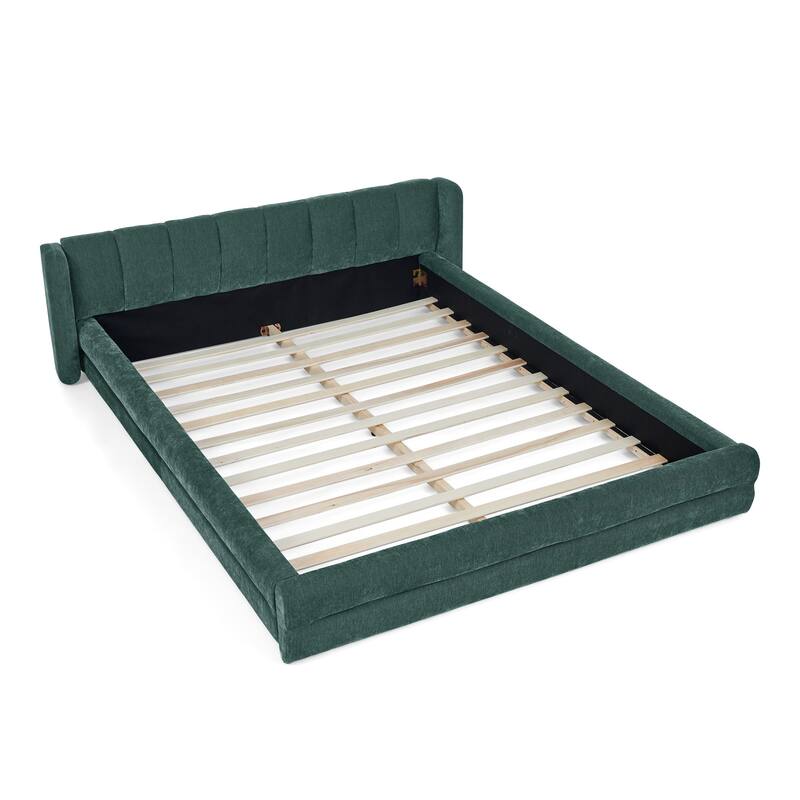 Chenille Fabric Grounded Bed, Thick Fabric Upholstered Bedframe Queen Size Low Wingback Bed with Solid Wood Slat Support Frame