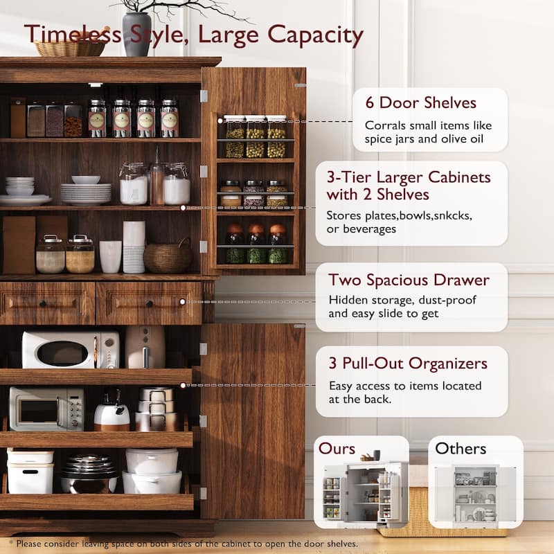 71" Tall Kitchen Pantry Cabinet with 3 Pull-Out Organizers, Freestanding Cupboard With Adjustable Shelves, Versatile Storage