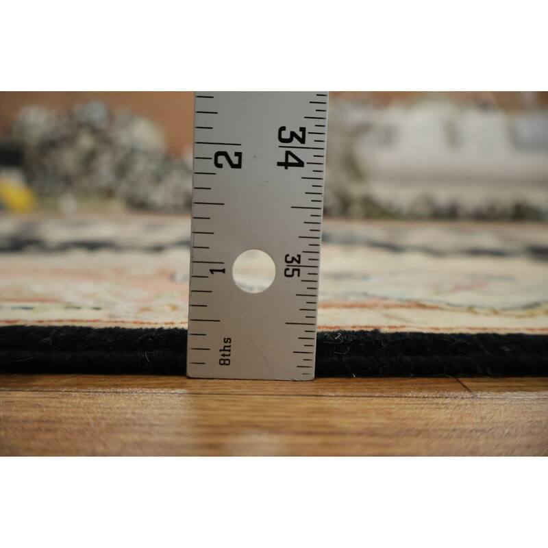 Hand Knotted Oriental Wool & Silk Carpet Traditional Floral Black Tabriz Runner Rug - 13' 5'' X 2' 9''