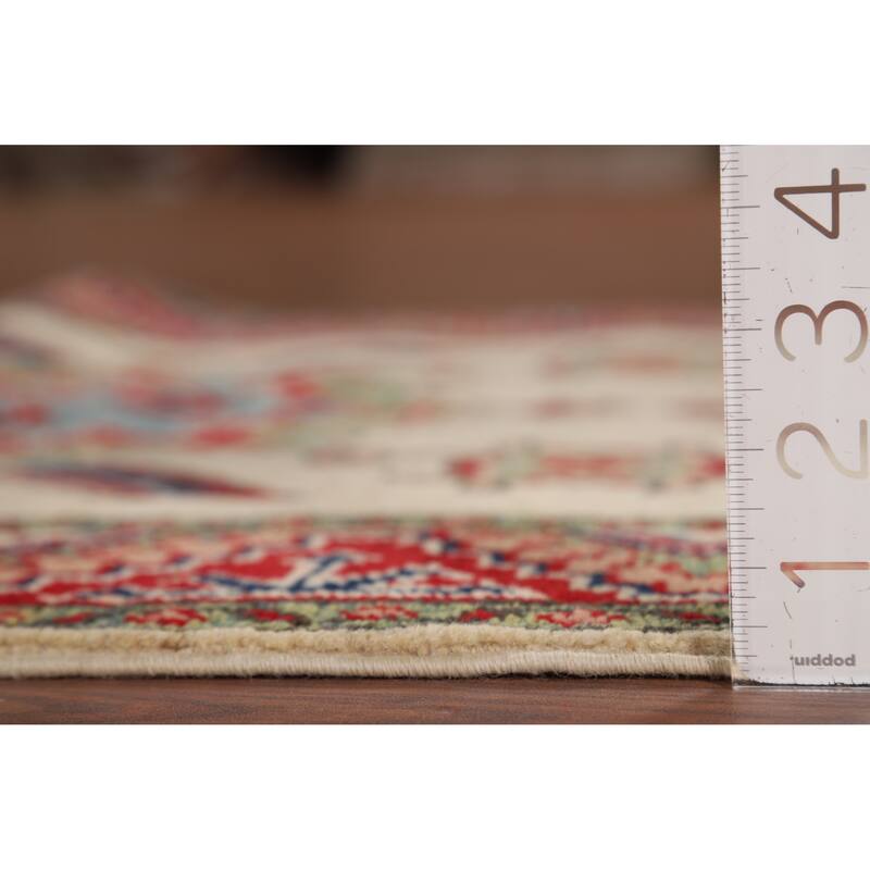 Hand Knotted Oriental 100% Wool Carpet Traditional Geometric Beige & Ivories Kazak Runner Rug - 12' 8'' X 2' 9''