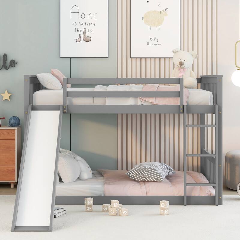 Grey Full Over Full Bunk Bed with Slide and Ladder, Solid Pine Wood Frame, No Box Spring Needed