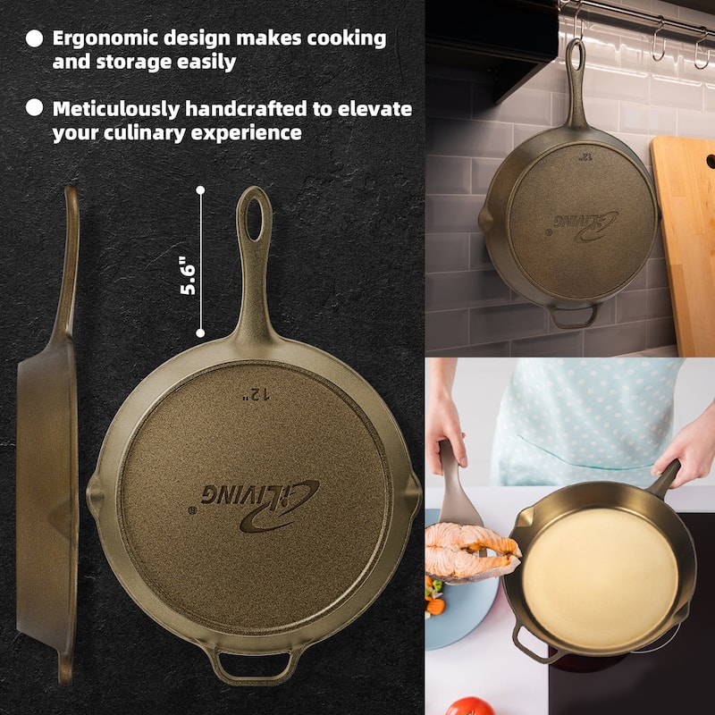 iLiving Seasoned Modern Heirloom Mirror Polished Cast Iron Skillet Pan 12" (2.7/3.7L)