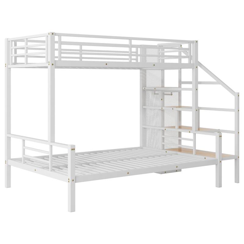Twin Over Full Metal Bunk Bed with Storage Staircase & Wardrobe - 400LB Capacity