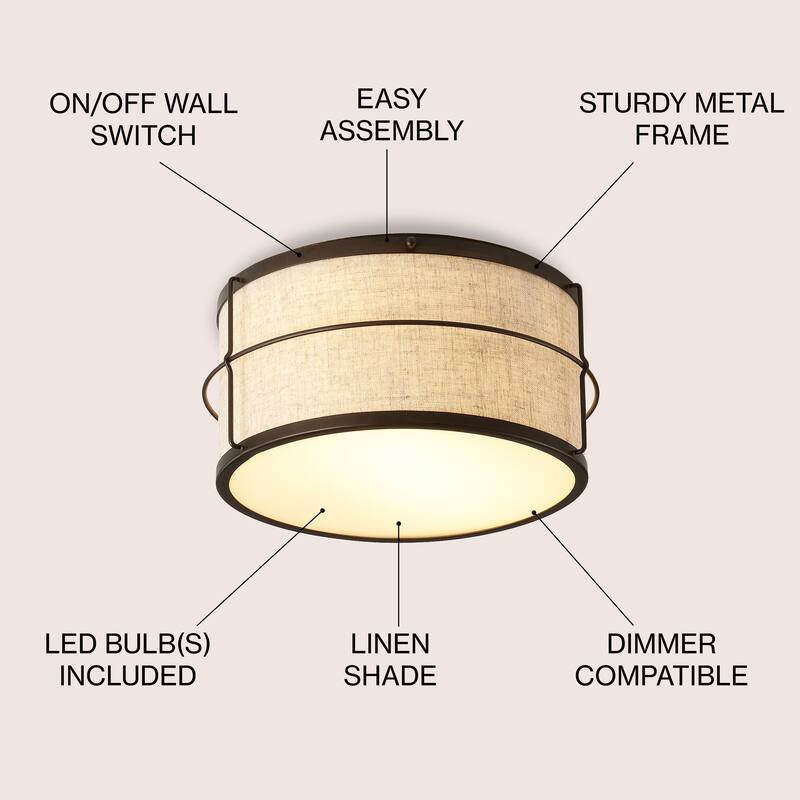Milo 14" 2-Light Rustic Farmhouse Iron LED Flush Mount, Oil Rubbed Bronze by JONATHAN Y - 2 Light