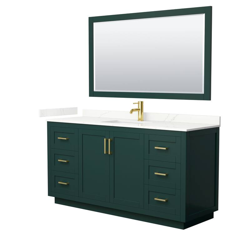 Miranda 66-inch Single Vanity, Quartz Top, 58-inch Mirror - Green, Gold Trim, Giotto Quartz Top