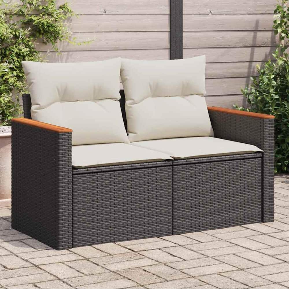 vidaXL Patio Sofa with Cushions Outdoor Seat Modular Sofa 2-Seater Poly Rattan - 24.4 x 48.8 x 27.2 in