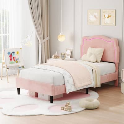 Twin Platform Bed, with LED Light and Adjustable Headboard，Without Drawer