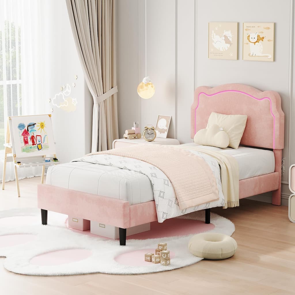 Twin Platform Bed, with LED Light and Adjustable Headboard，Without Drawer