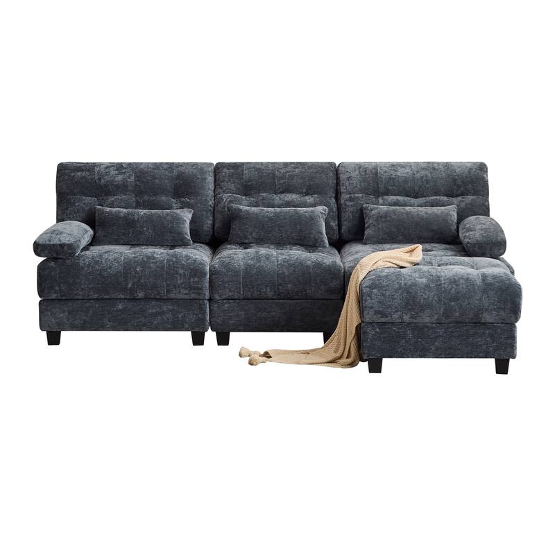 GDFStudio - 4-Piece Adjustable Backrest 93" Chenille Sofa with Ottoman and 3 Throw Pillows