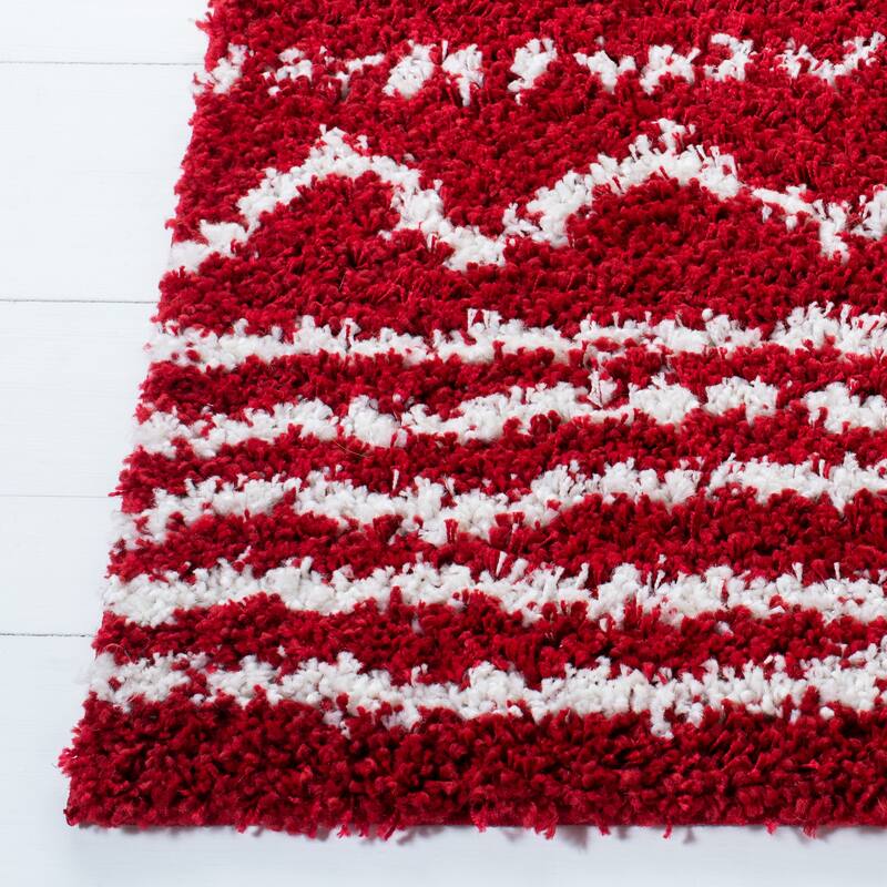 SAFAVIEH Arizona Shag Lotta Moroccan 1.2-inch Thick Rug - 2'3" x 8' Runner - Red/Ivory