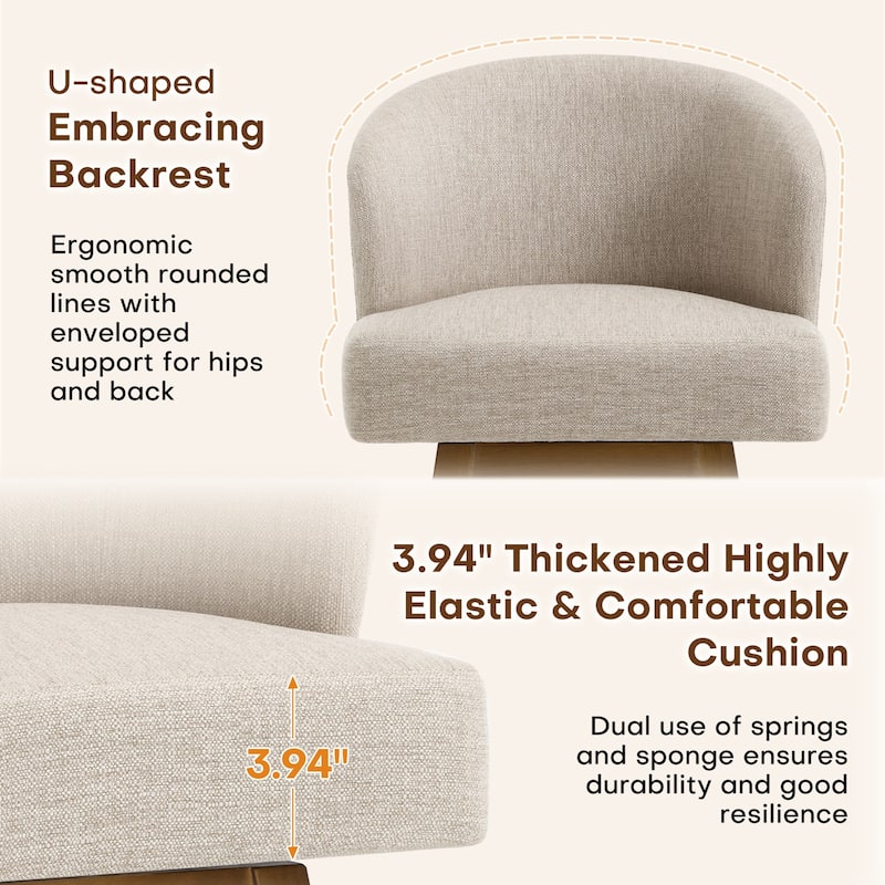 26 Inch Upholstered Swivel Counter Height Bar Stools with Back and Solid Wood Frame - 37.8"H x 20.9"W x 21.3"D