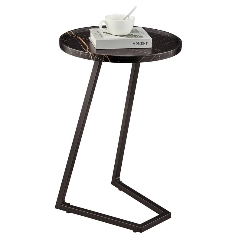 Addison Round Raised Lip Edge Angled Couch-Side Accent C-Table - Black Marble or Brown Walnut