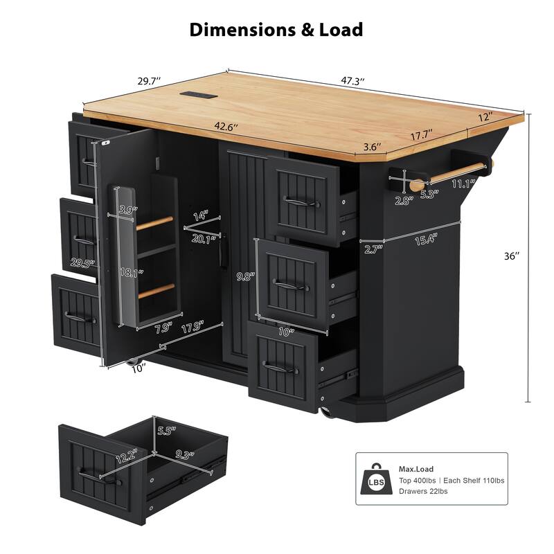 Kitchen Island Embossed Vertical Stripe Rolling Kitchen Cart with Rubber Wood Veneer Drop Leaf