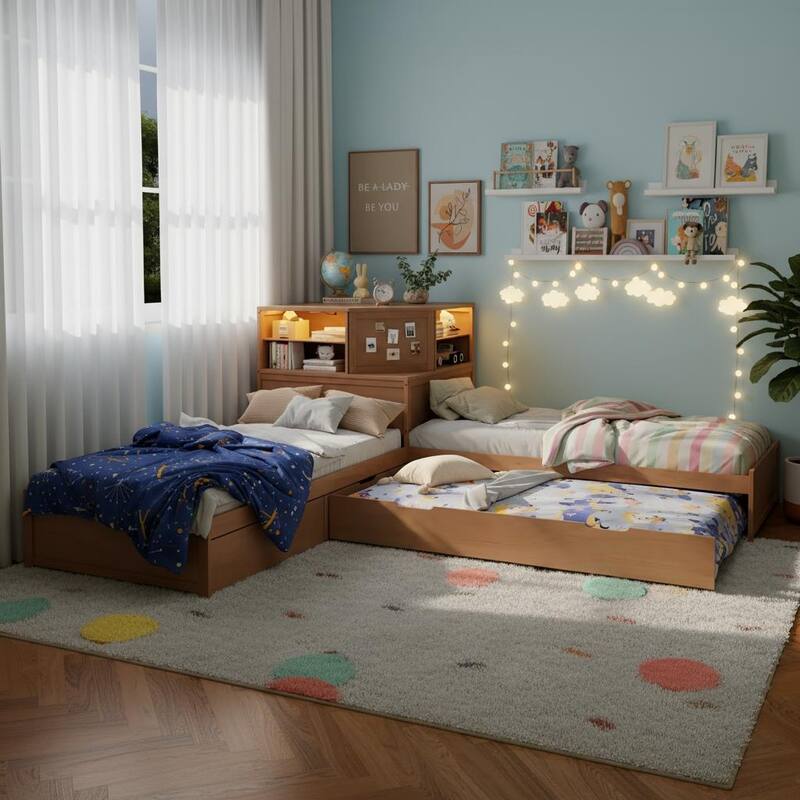 3-in-1 L-Shaped Twin Platform Bed with Trundle, LED-Lit Storage Hub & Built-In Corner Desk by Harper&Bright Designs