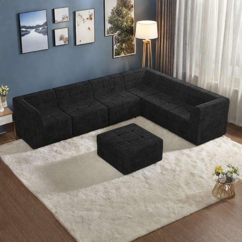 130.32" 7-Seat Modular L-Shaped Sectional Sofa with Sleeper Function, Corduroy Upholstery and No Assembly Required - Black