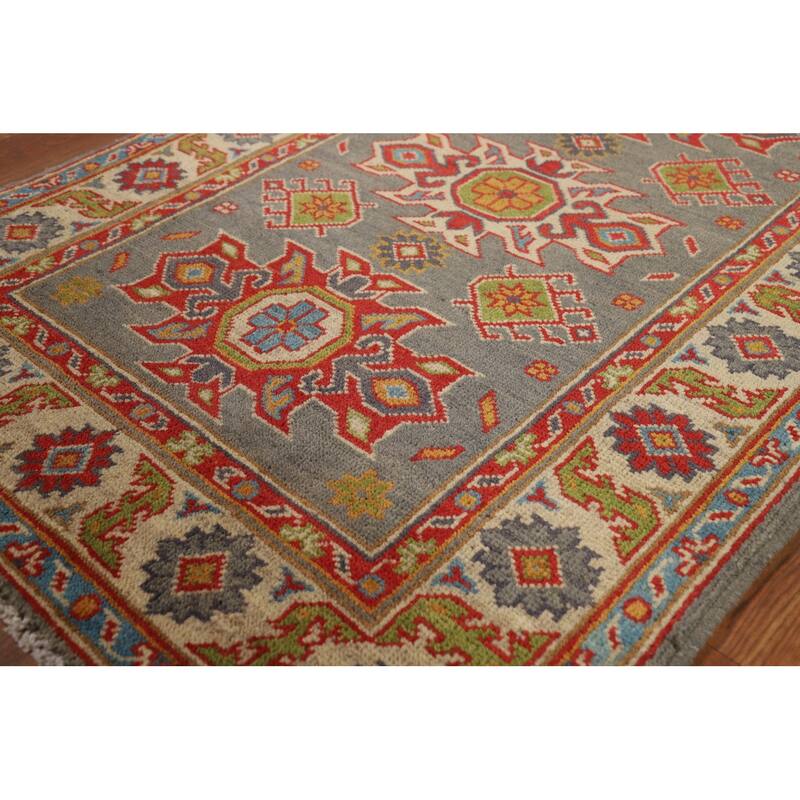 Gray Kazak Foyer Rug Handmade Geometric Wool Carpet - 2'9"x 4'1"
