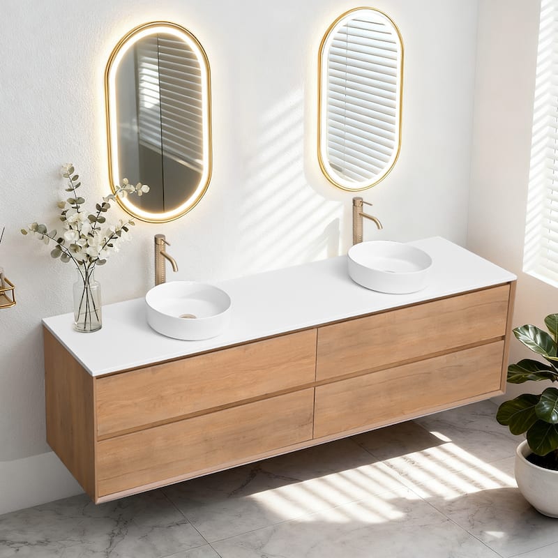 Sylphar 84 inch Toffee Oak Floating Bathroom Vanity with White Quartz Top
