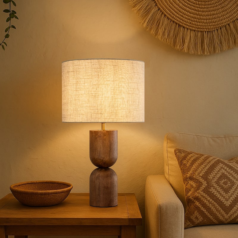 24'' Japandi Honey Brown Wood Base Bedside Table Lamp Modern Classic Nightstand Lamp with Beige Linen Fabric Shade for Bedroom