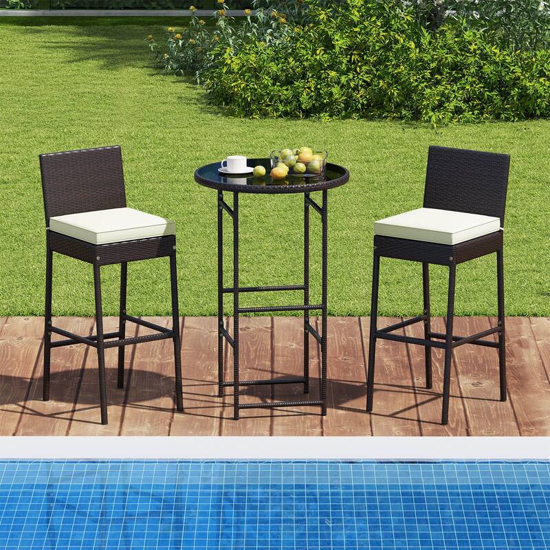 Costway 3 Piece Outdoor Bar Set Patio Rattan Bar Height Table & Chairs - See Details