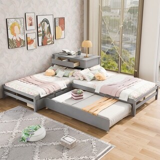 Full Size L-shaped Platform Beds with Drawers Linked with Built-in Rectangle Table and Twin Size Trundle.