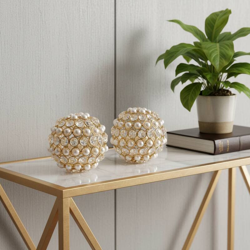 HomeRoots Set of Two 5" Gold Clear And Ivory Metal Faux Crystal And Pearl Decorative Orbs - Gold/Clear/Ivory - 4.00 in. x 4.00 in.  x 4.00 in.