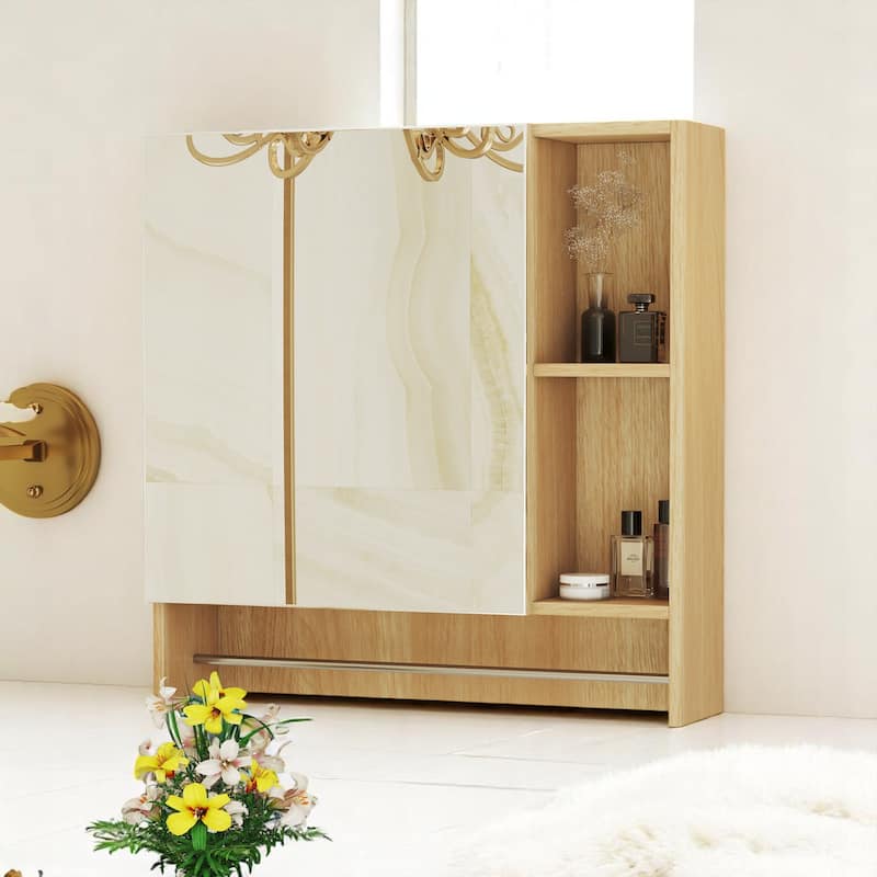 Bathroom Wall Cabinet with Mirror, Hidden & Open Storage, Towel Rack, Space-Saving Medicine Cabinet