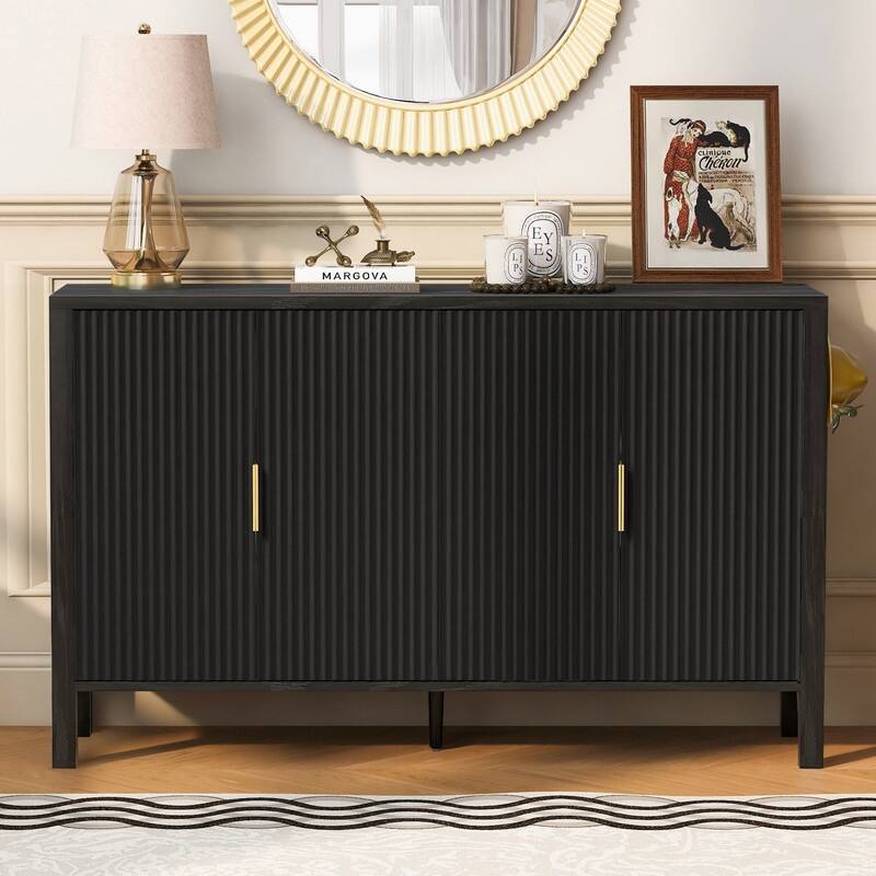 Modern 57.5" Fluted Door 4-Door Sideboard with Side Hooks and Adjustable Shelves - Black