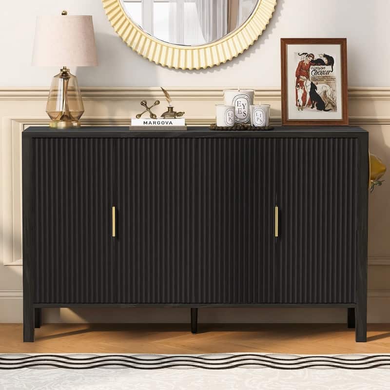Modern 57.5" Fluted Door 4-Door Sideboard with Side Hooks and Adjustable Shelves
